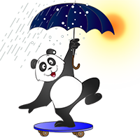 Panda sur un skateboard avec un parapluie sous la pluie et le soleil